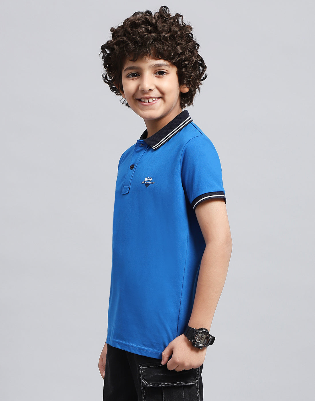 Boys Blue Solid Polo Collar Half Sleeve T-Shirt