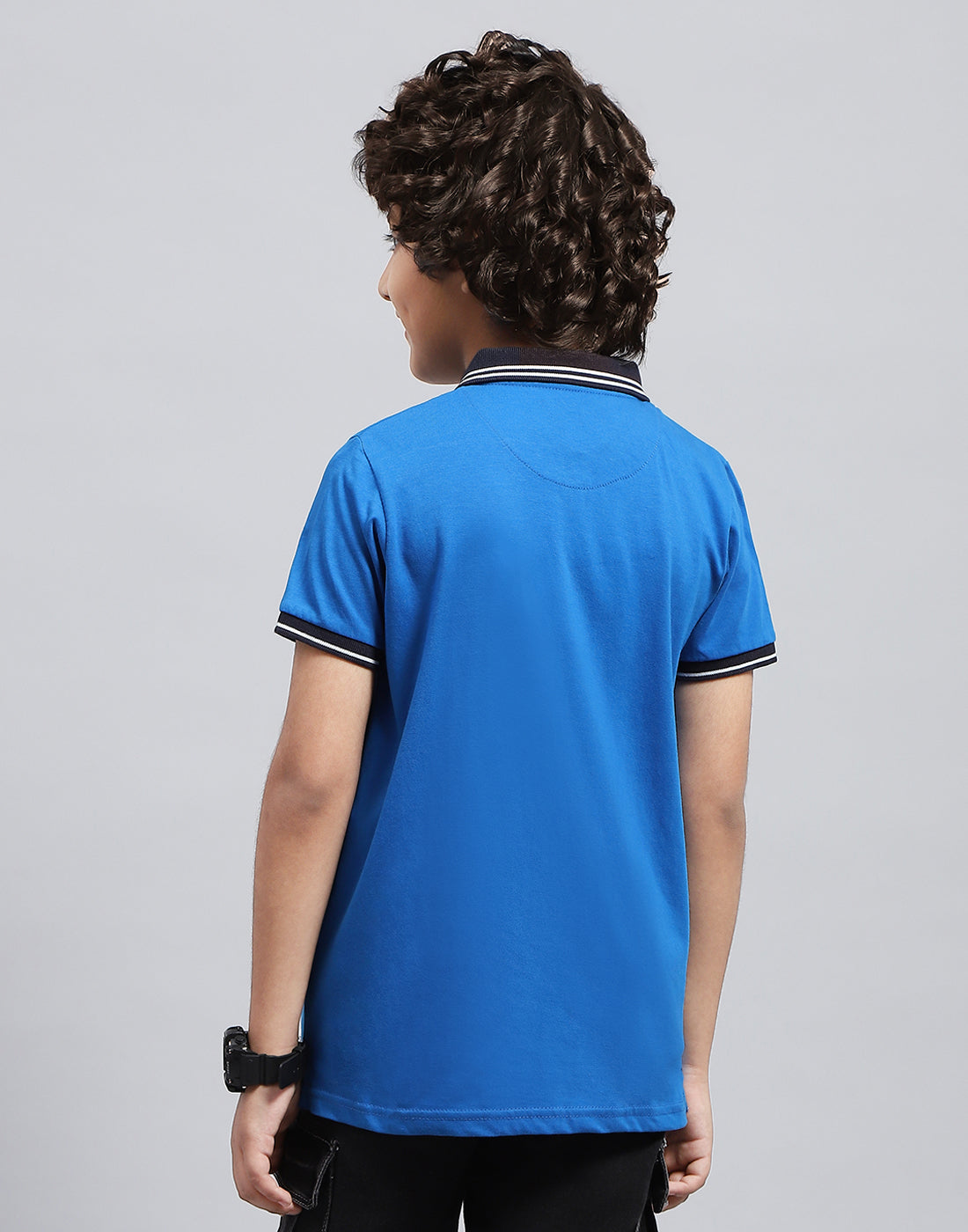 Boys Blue Solid Polo Collar Half Sleeve T-Shirt