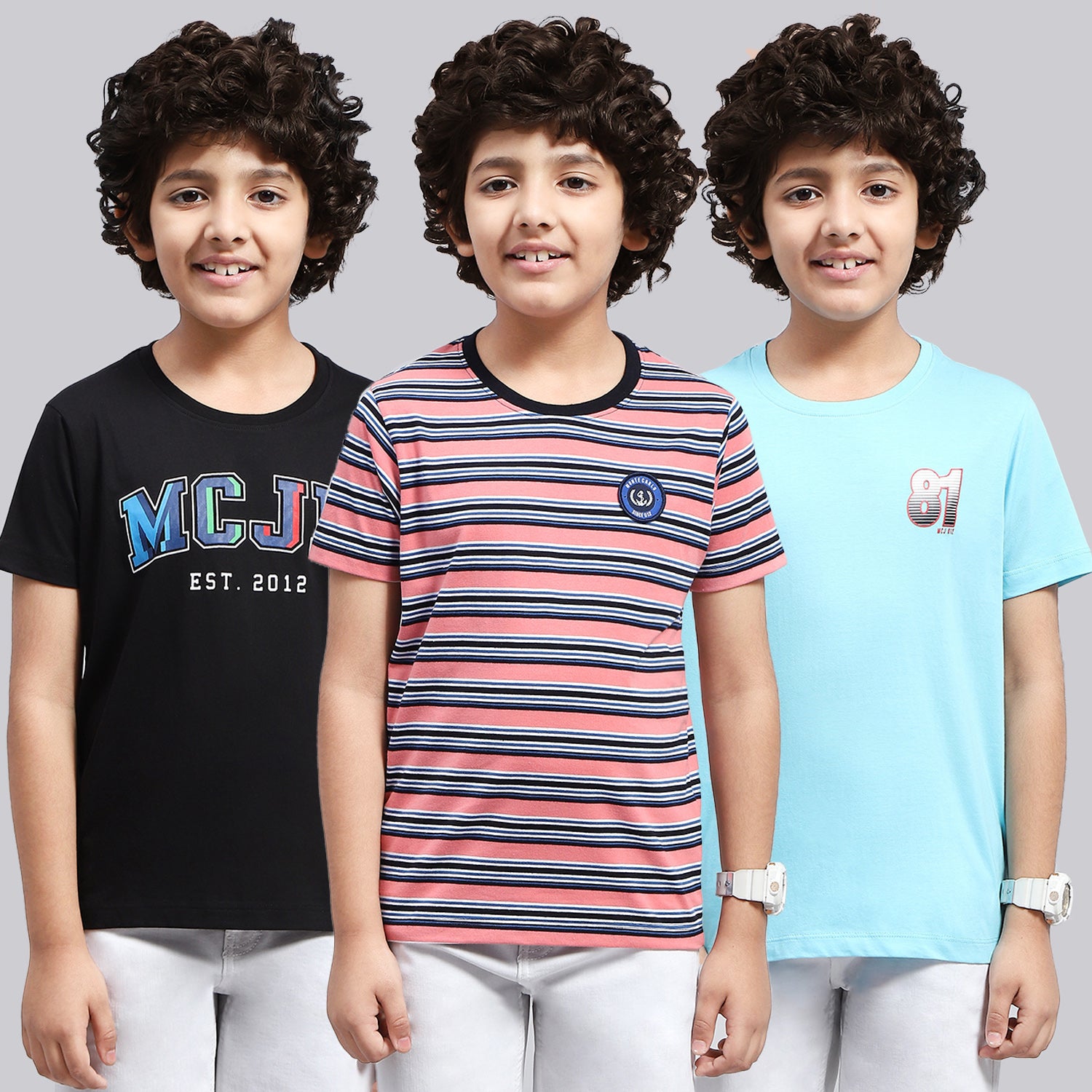 Boys Multicolor Stripe Round Neck Half Sleeve T-Shirt (Pack of 3)