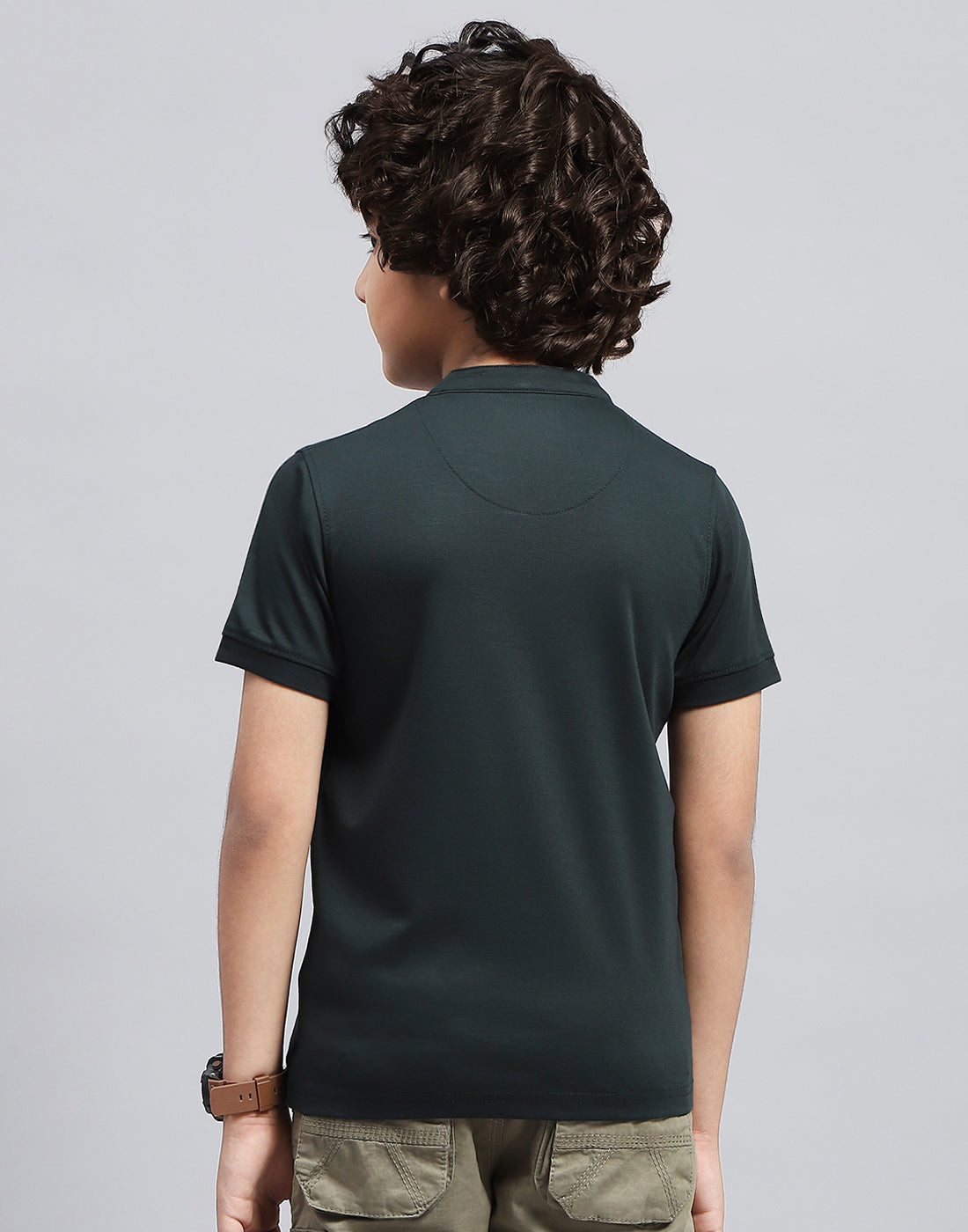 Boys Green Solid Mandarin Neck Half Sleeve T-Shirt