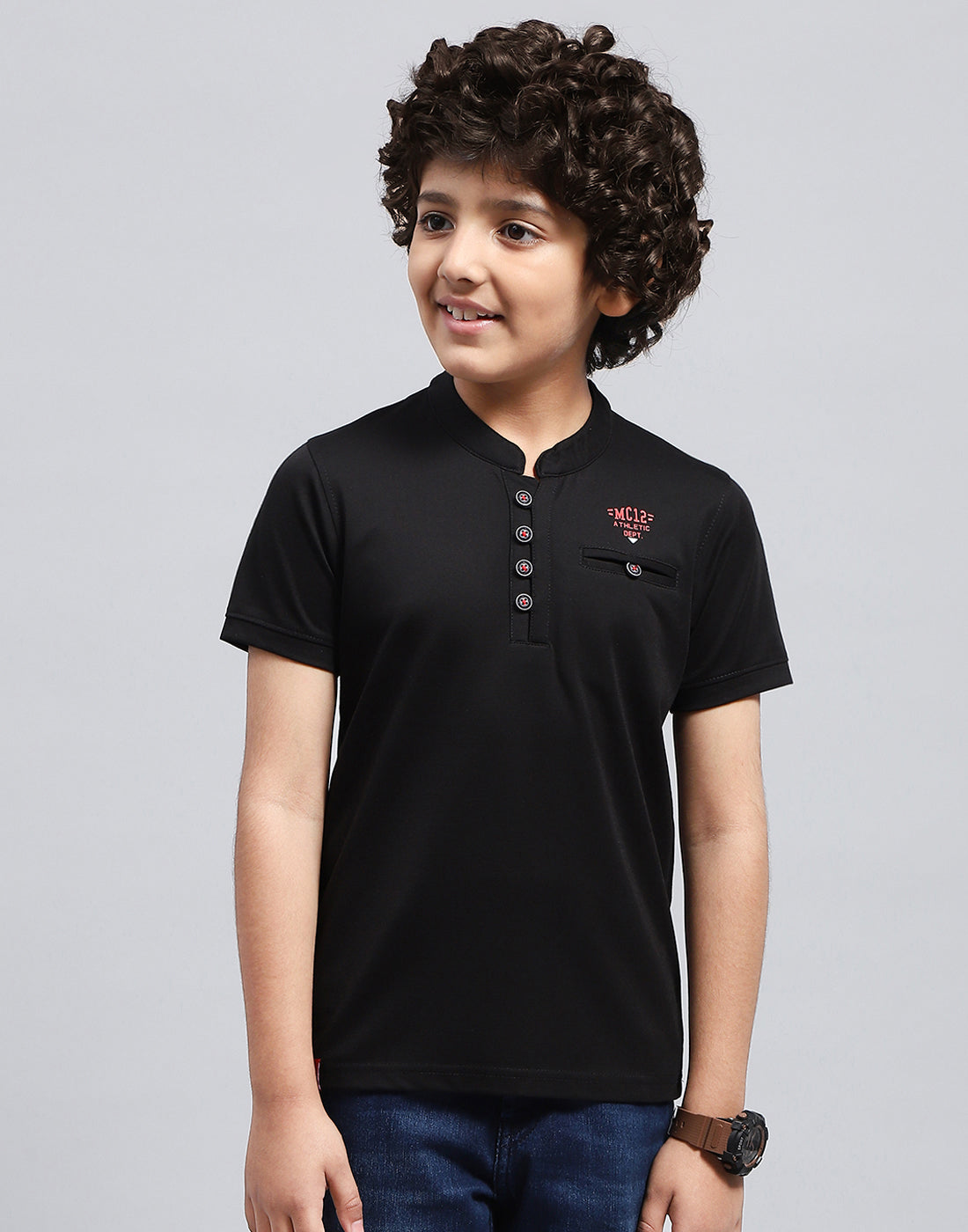 Boys Black Solid Mandarin Neck Half Sleeve T-Shirt