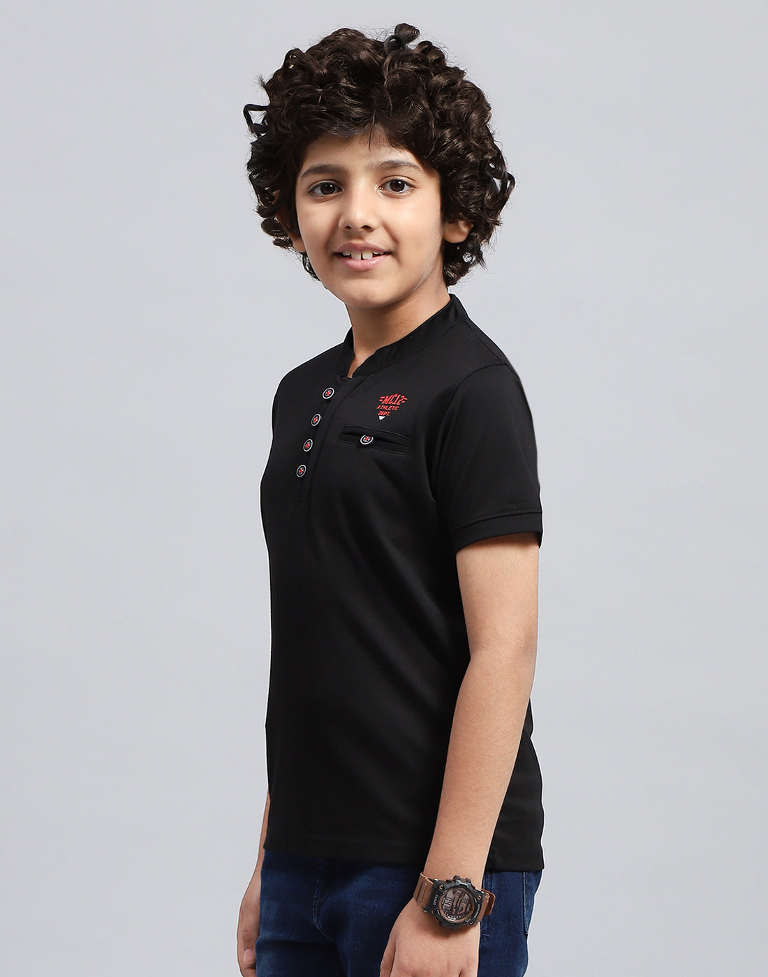 Boys Black Solid Mandarin Neck Half Sleeve T-Shirt