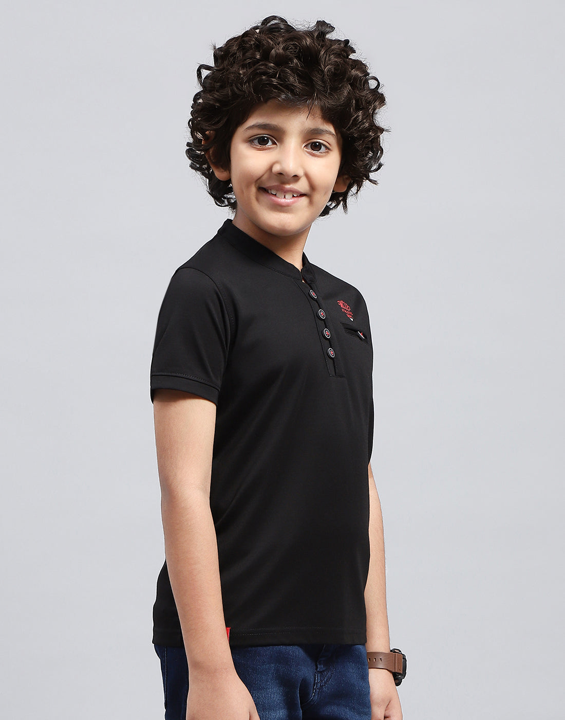 Boys Black Solid Mandarin Neck Half Sleeve T-Shirt