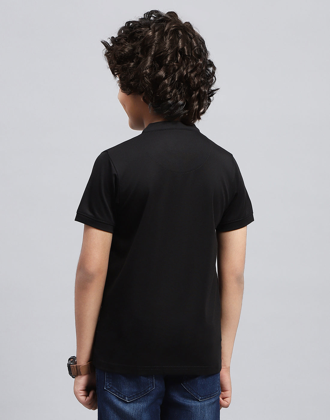 Boys Black Solid Mandarin Neck Half Sleeve T-Shirt