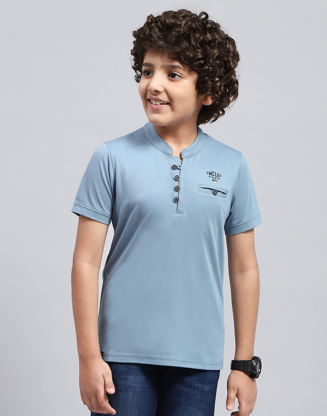 Boys Sky Blue Solid Mandarin Neck Half Sleeve T-Shirt