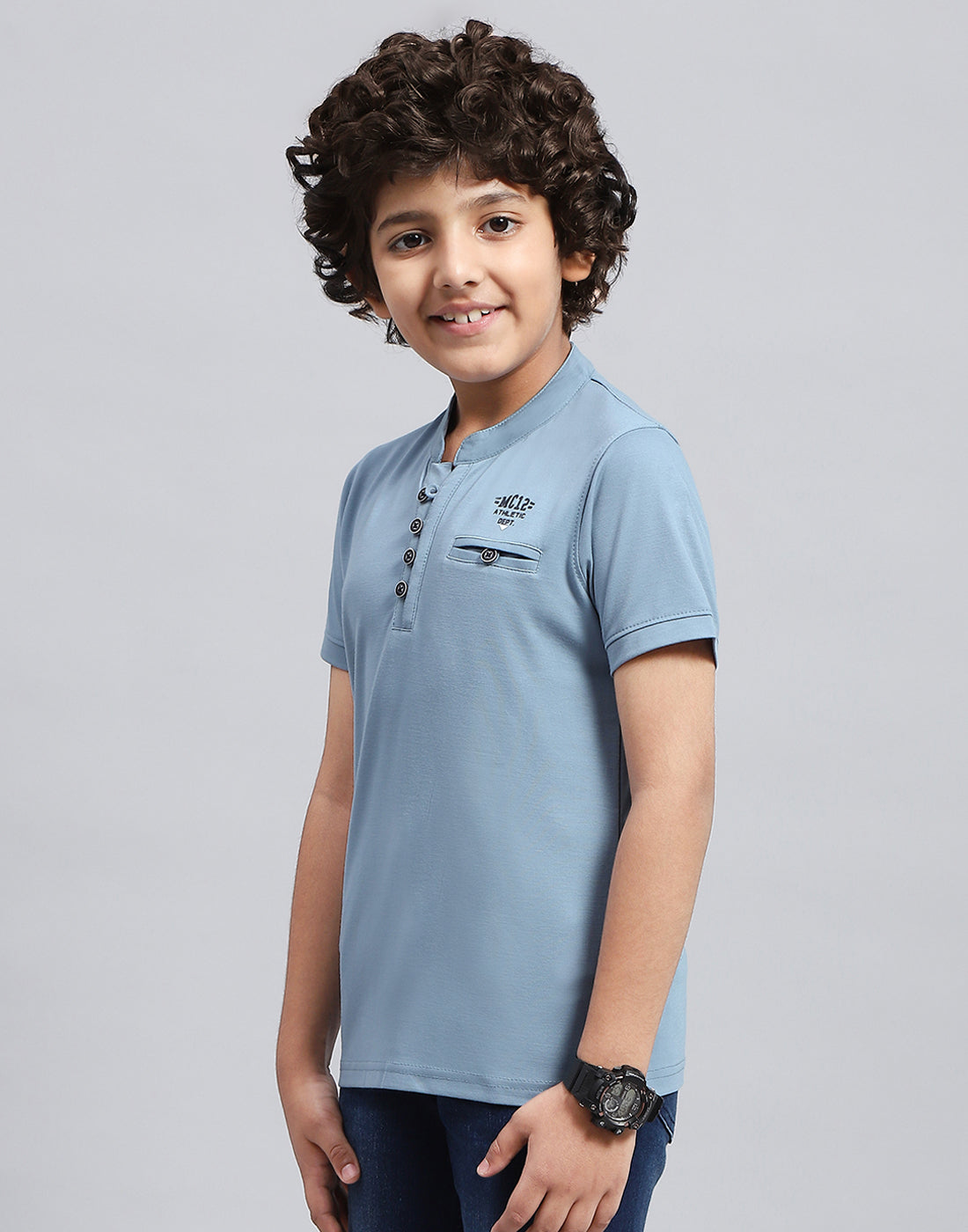 Boys Sky Blue Solid Mandarin Neck Half Sleeve T-Shirt