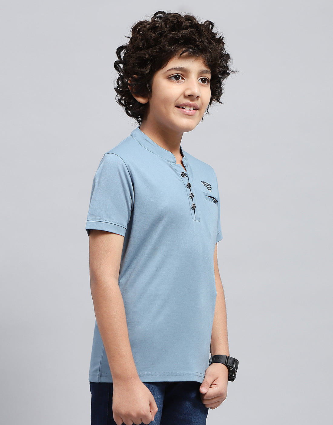 Boys Sky Blue Solid Mandarin Neck Half Sleeve T-Shirt