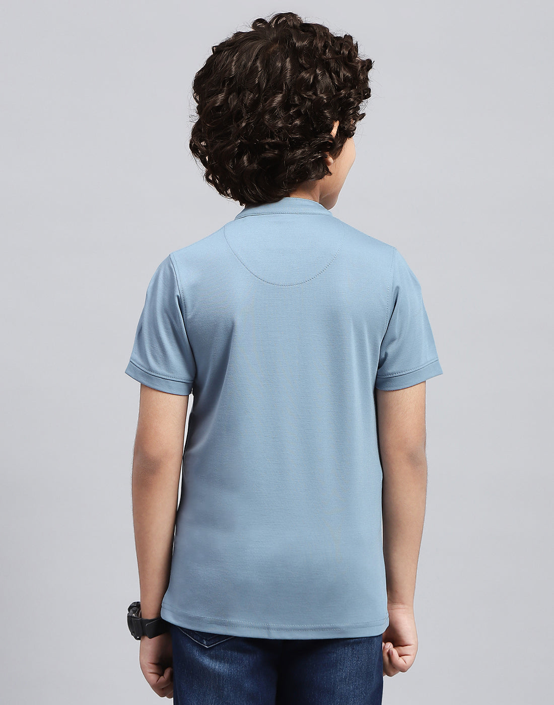 Boys Sky Blue Solid Mandarin Neck Half Sleeve T-Shirt