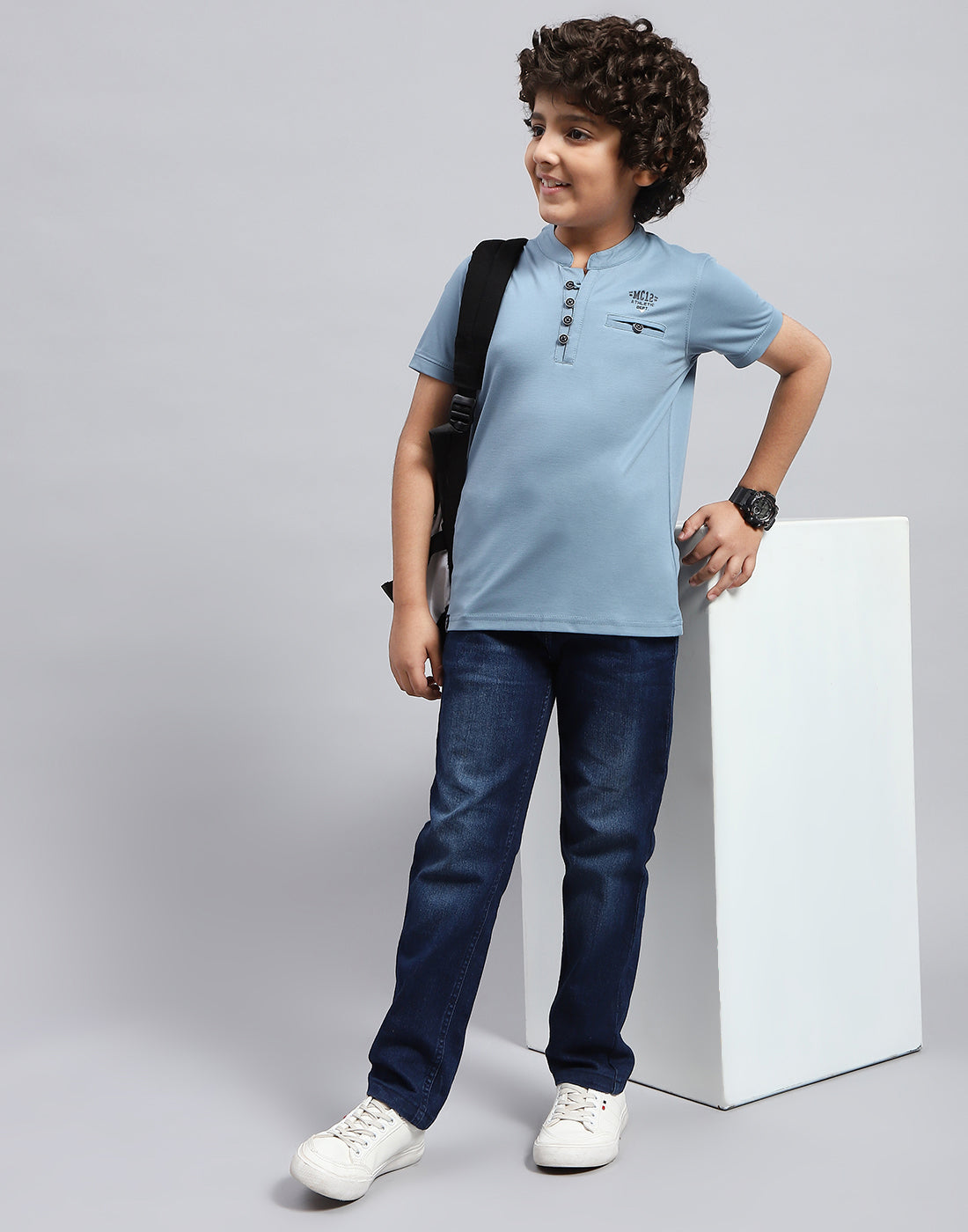 Boys Sky Blue Solid Mandarin Neck Half Sleeve T-Shirt