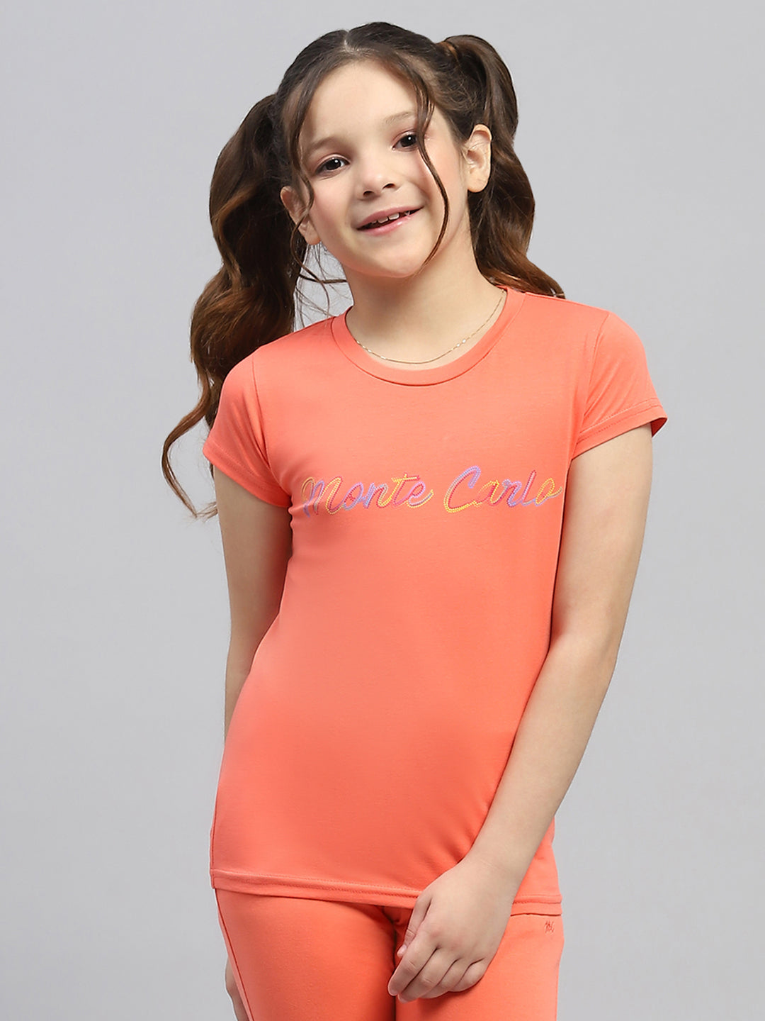 Girls Orange Printed Round Neck Half Sleeve Top