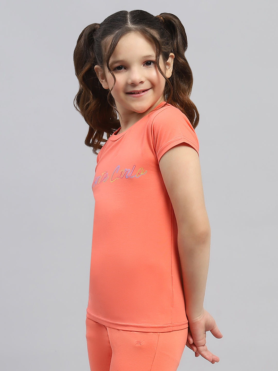 Girls Orange Printed Round Neck Half Sleeve Top