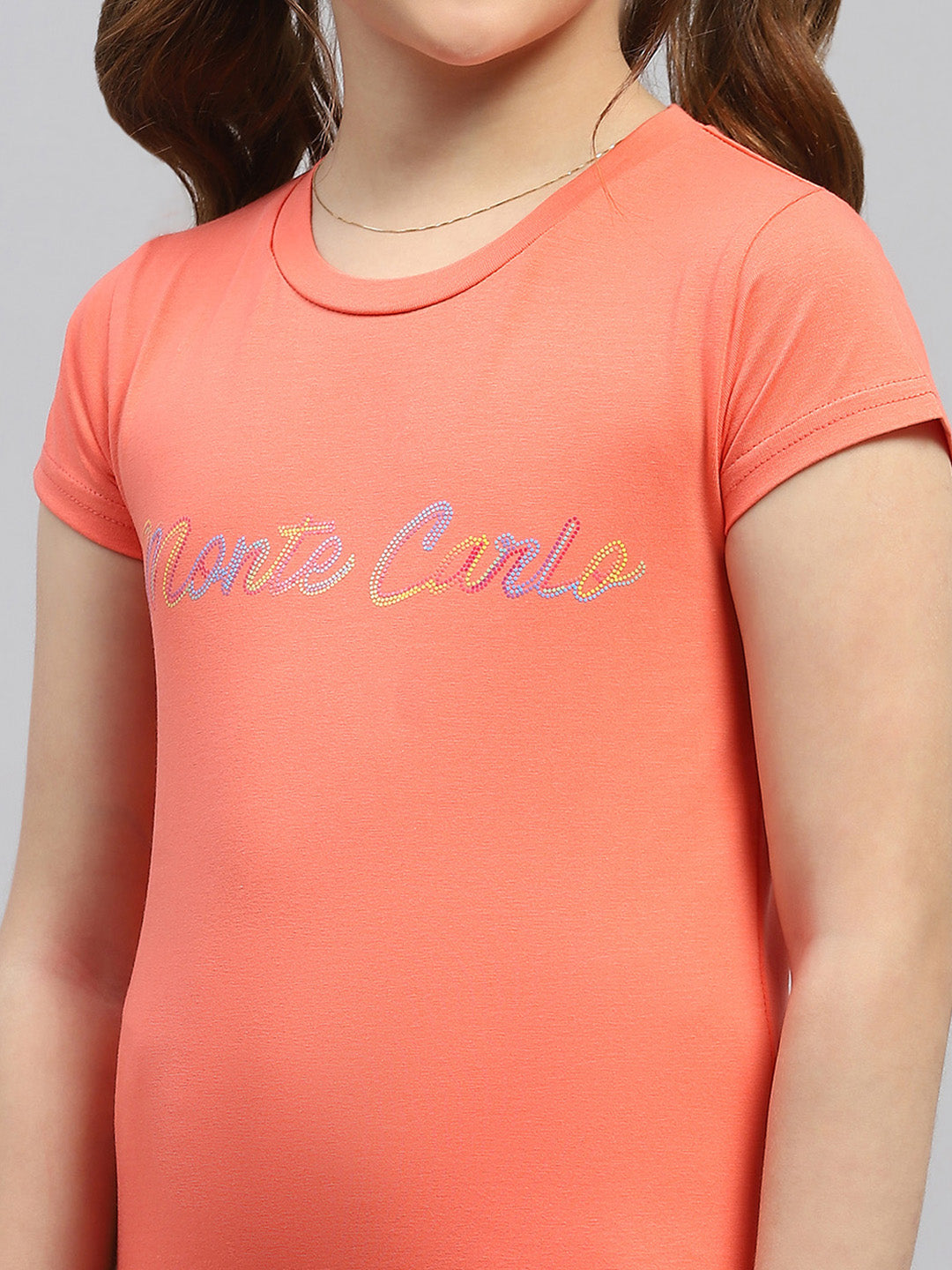 Girls Orange Printed Round Neck Half Sleeve Top