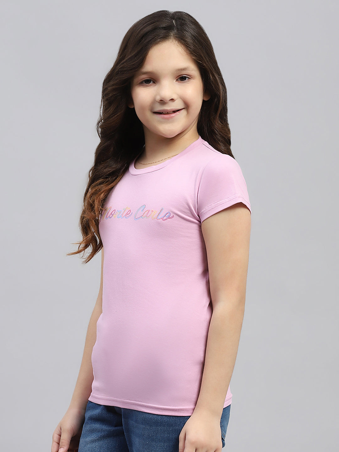 Girls Pink Printed Round Neck Half Sleeve Top