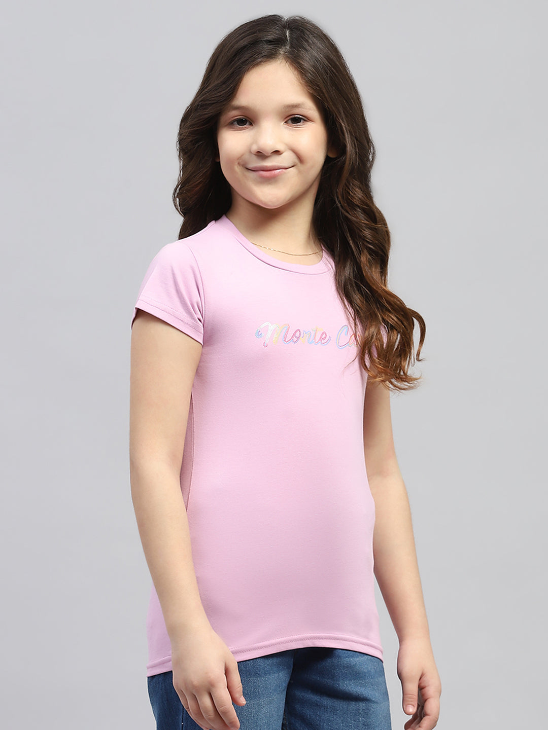 Girls Pink Printed Round Neck Half Sleeve Top