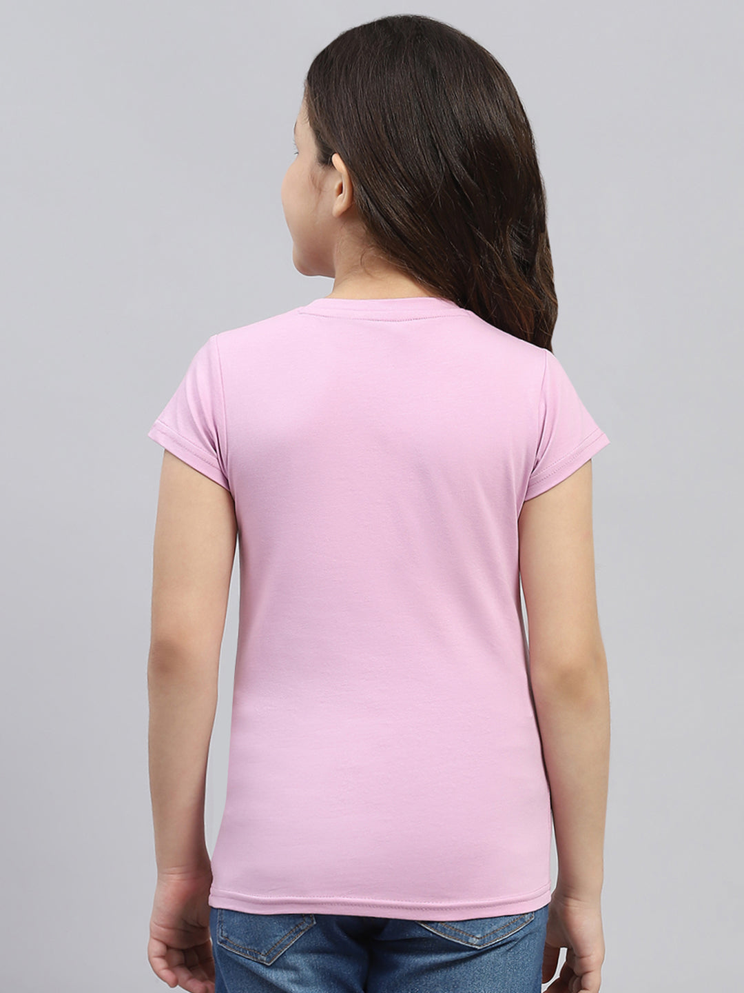 Girls Pink Printed Round Neck Half Sleeve Top