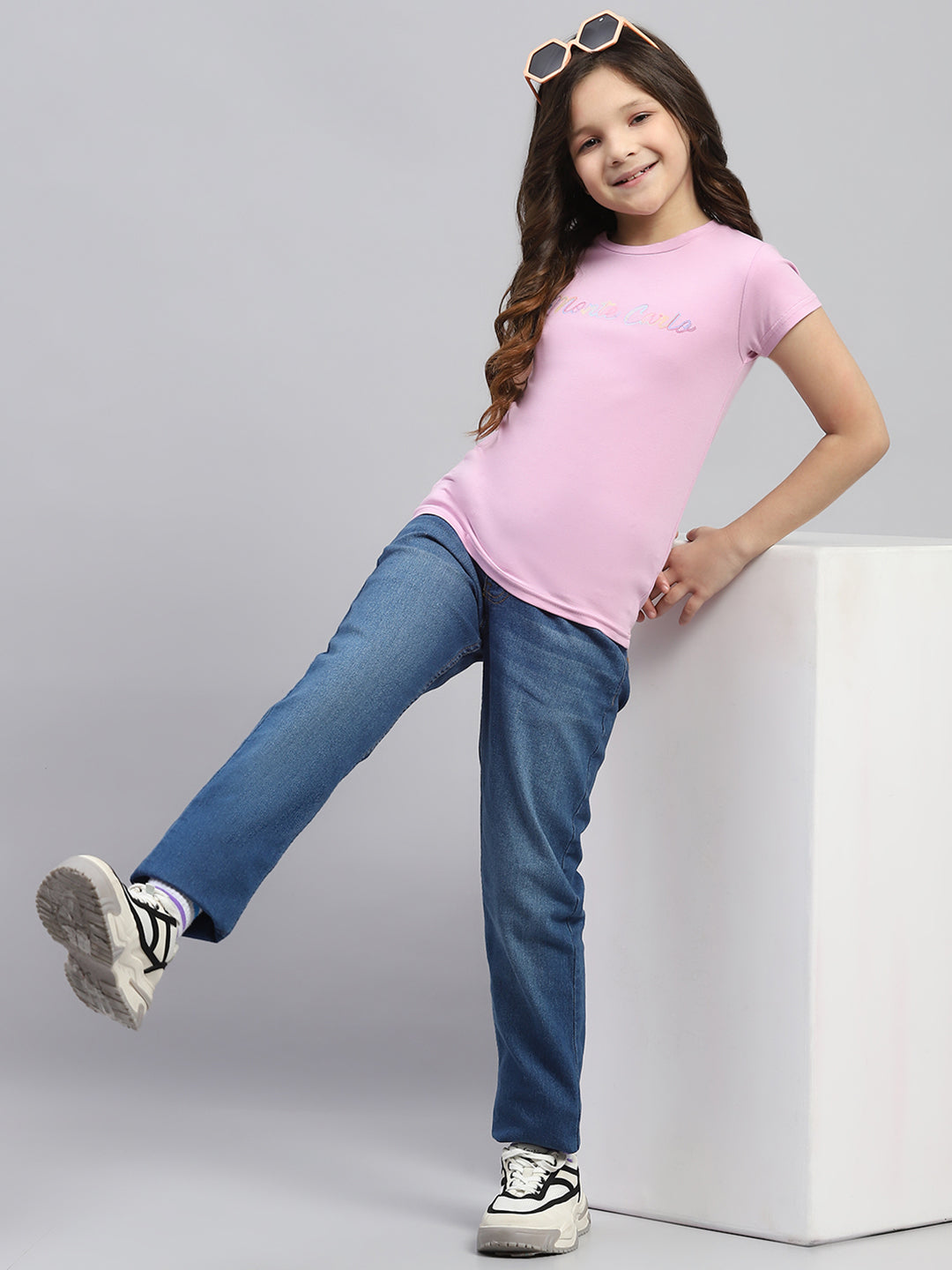 Girls Pink Printed Round Neck Half Sleeve Top