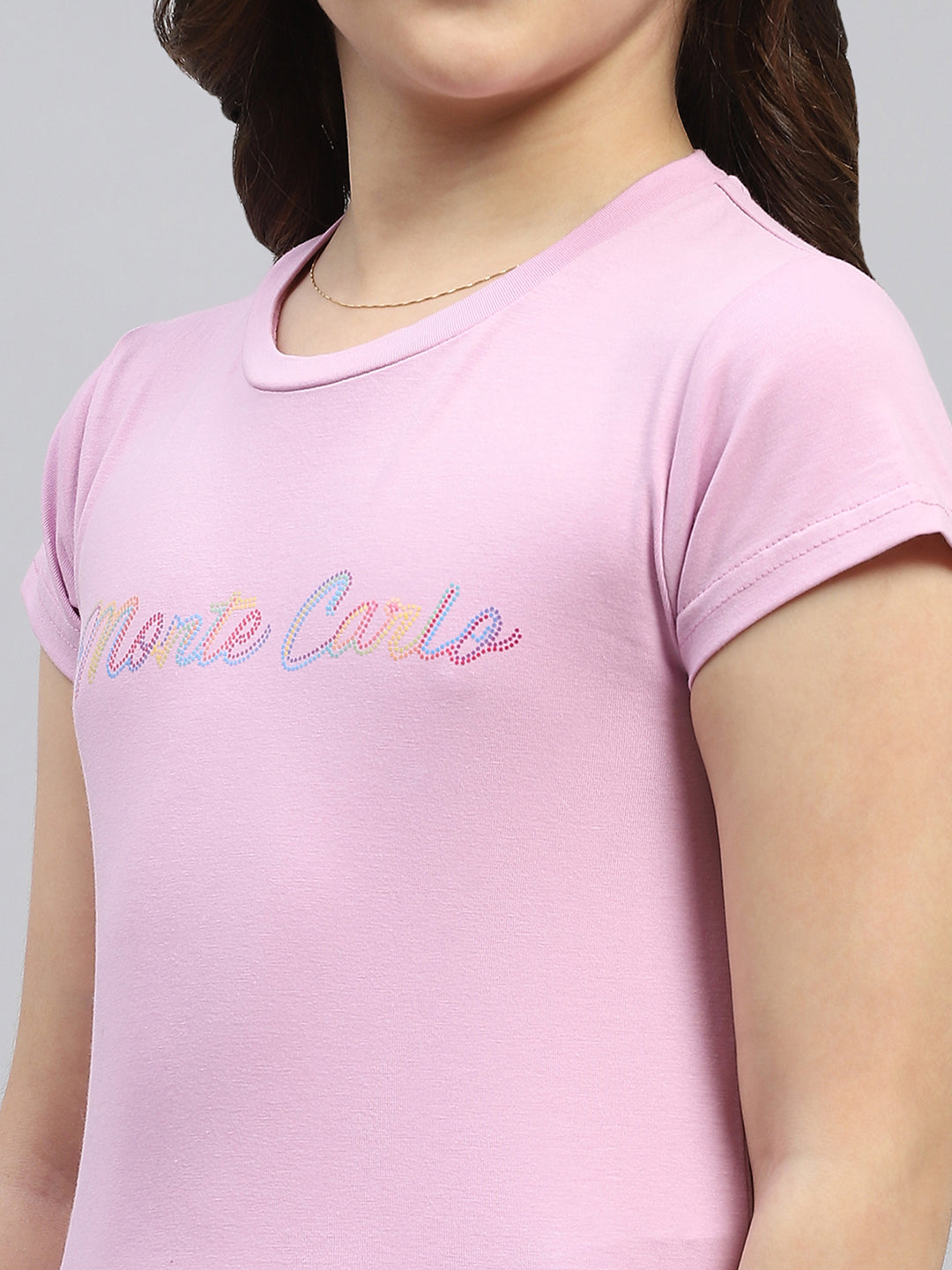 Girls Pink Printed Round Neck Half Sleeve Top