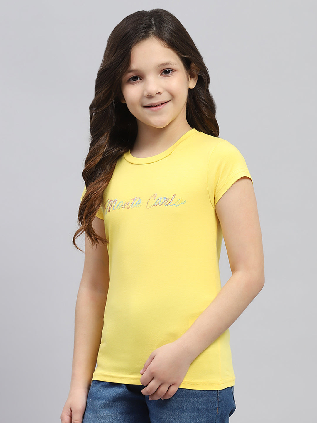 Girls Yellow Printed Round Neck Half Sleeve Top