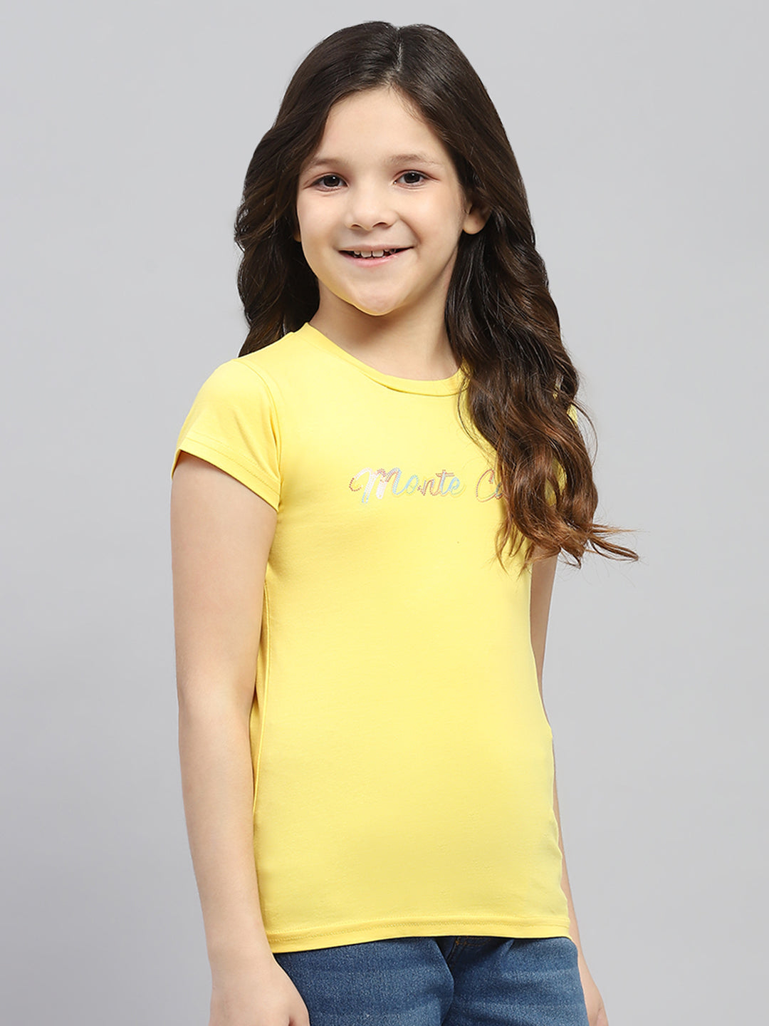 Girls Yellow Printed Round Neck Half Sleeve Top