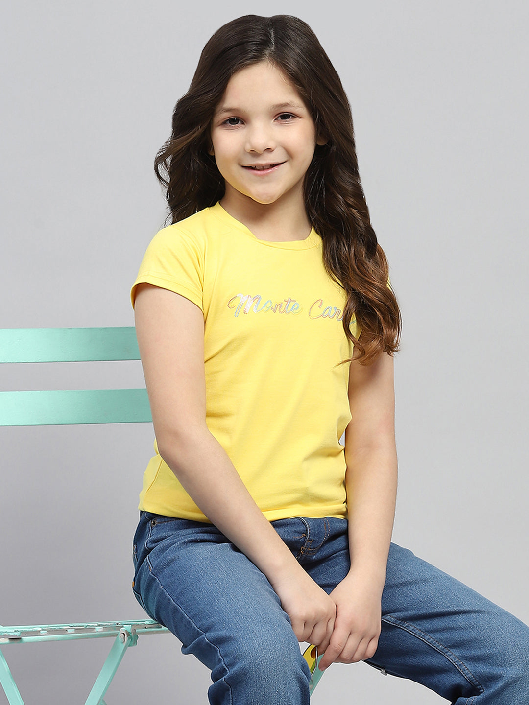 Girls Yellow Printed Round Neck Half Sleeve Top