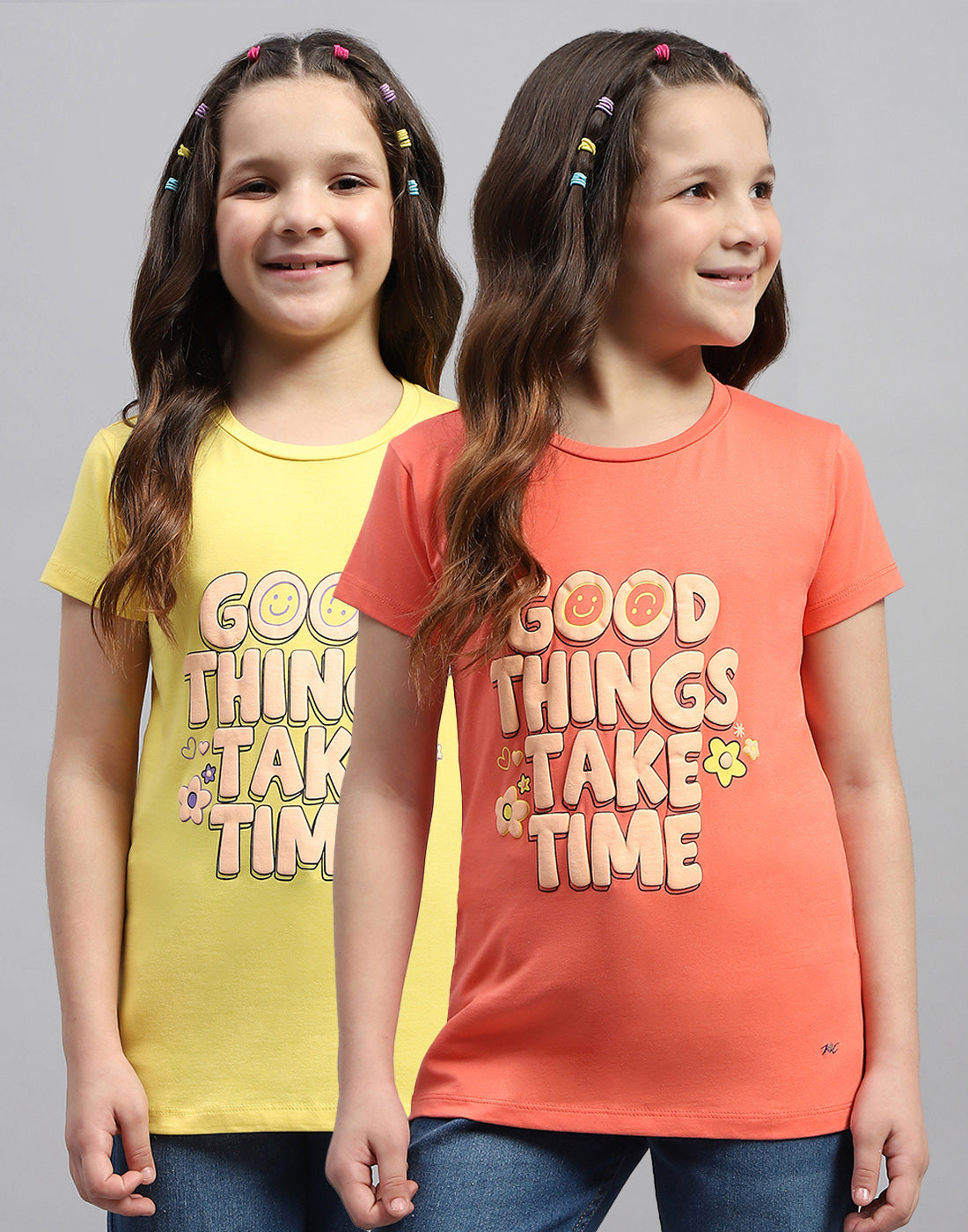 Girls Yellow & Orange Printed Round Neck Half Sleeve T-Shirt (Pack of 2)