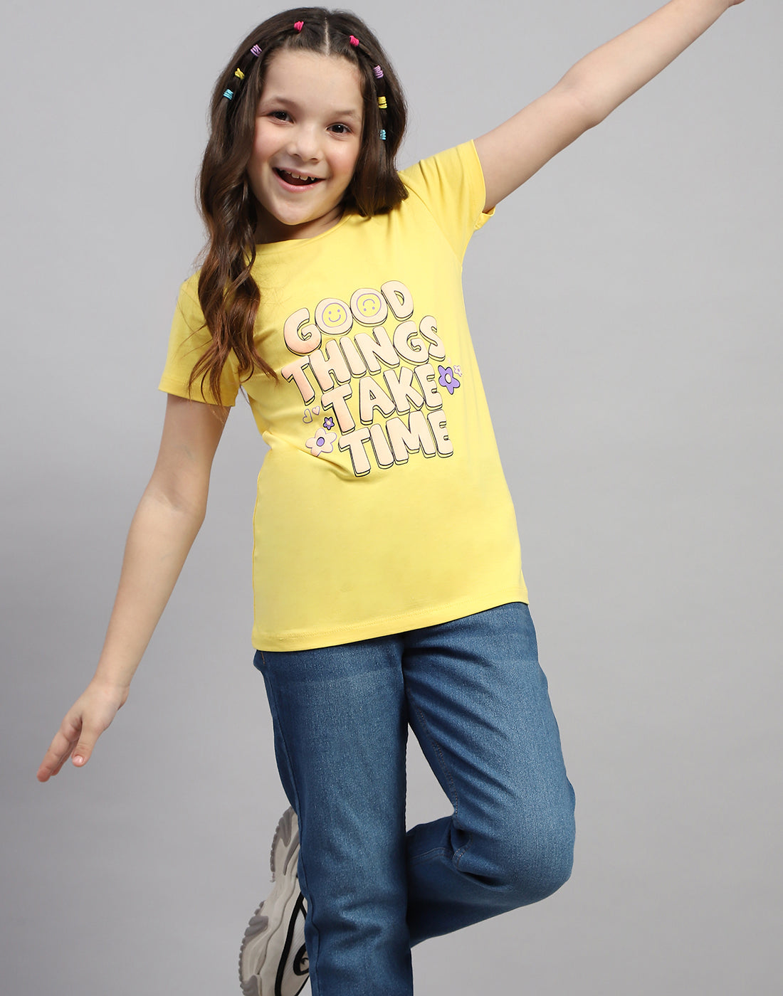 Girls Yellow & Orange Printed Round Neck Half Sleeve T-Shirt (Pack of 2)