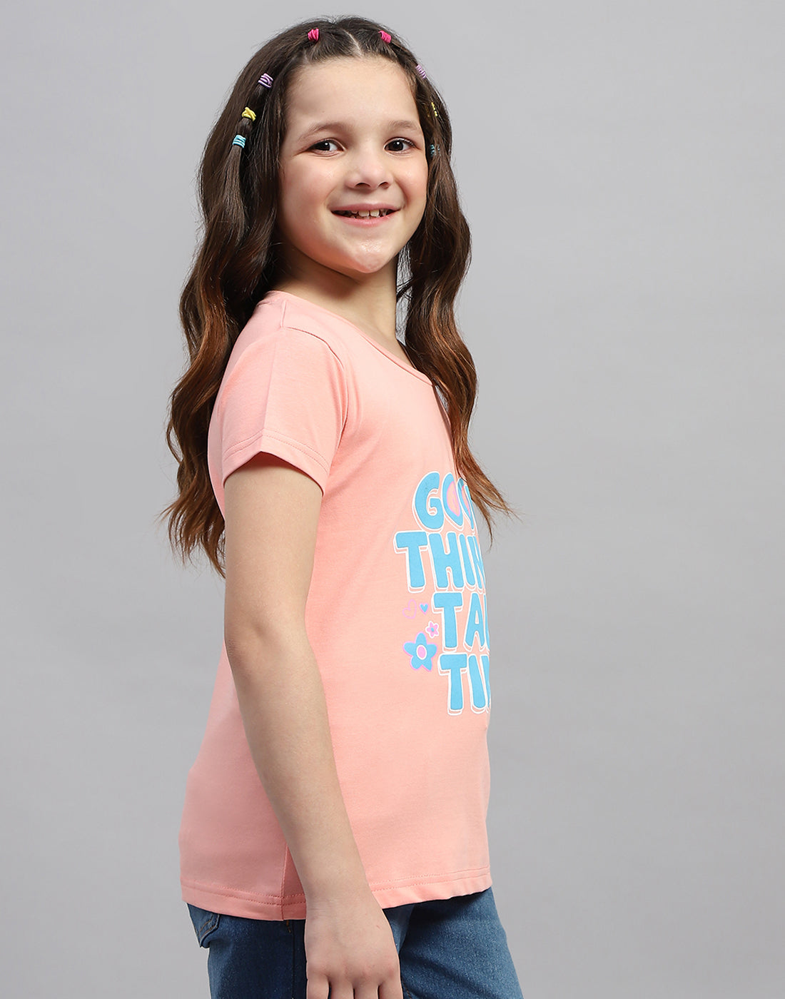 Girls Green & Peach Printed Round Neck Half Sleeve T-Shirt (Pack of 2)