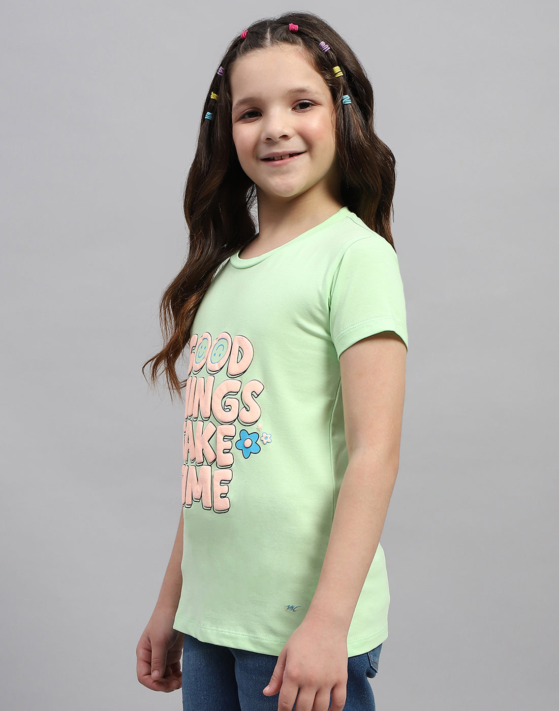 Girls Green & Peach Printed Round Neck Half Sleeve T-Shirt (Pack of 2)