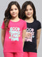 Girls Navy Blue & Pink Printed Round Neck Half Sleeve Top 2Pc Set