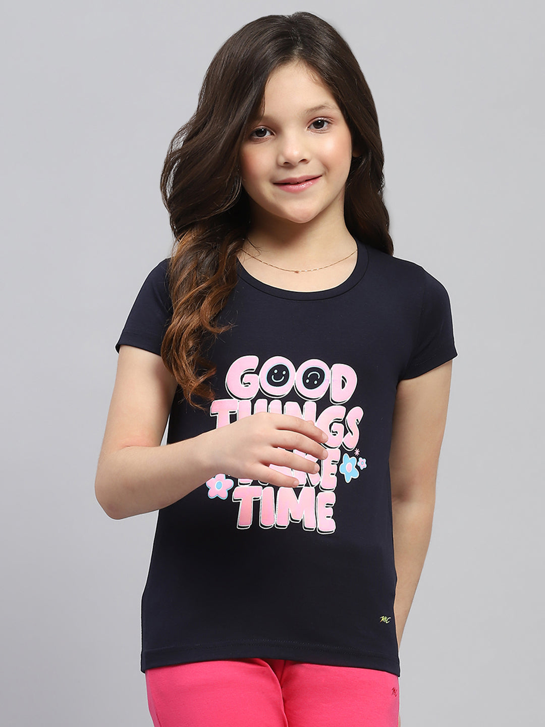 Girls Navy Blue & Pink Printed Round Neck Half Sleeve Top 2Pc Set