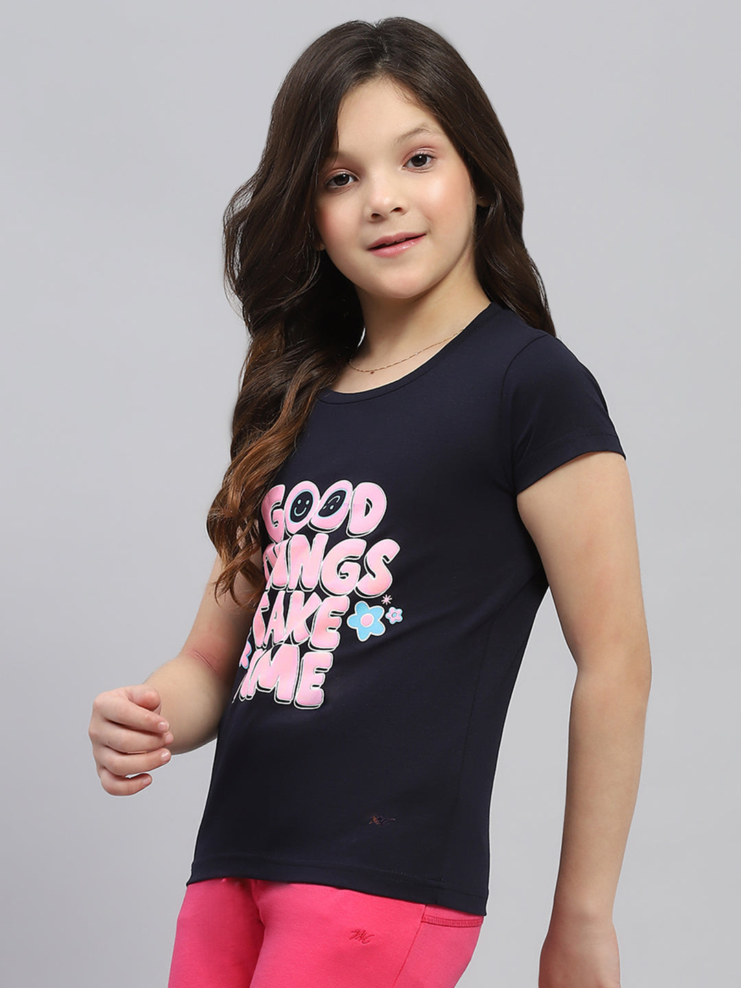 Girls Navy Blue & Pink Printed Round Neck Half Sleeve Top 2Pc Set