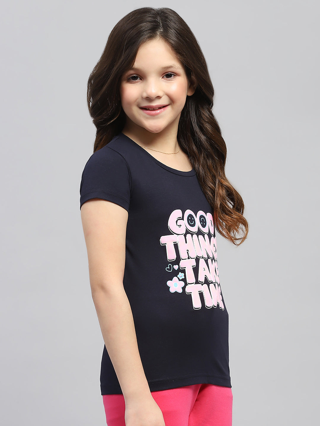 Girls Navy Blue & Pink Printed Round Neck Half Sleeve Top 2Pc Set