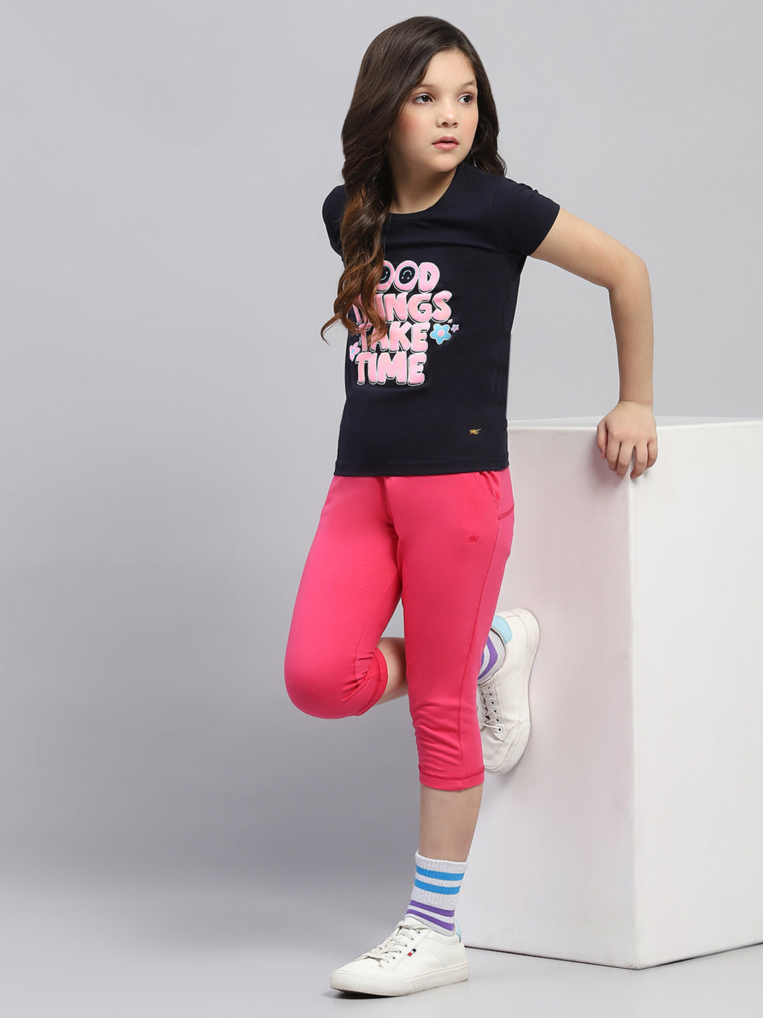 Girls Navy Blue & Pink Printed Round Neck Half Sleeve Top 2Pc Set