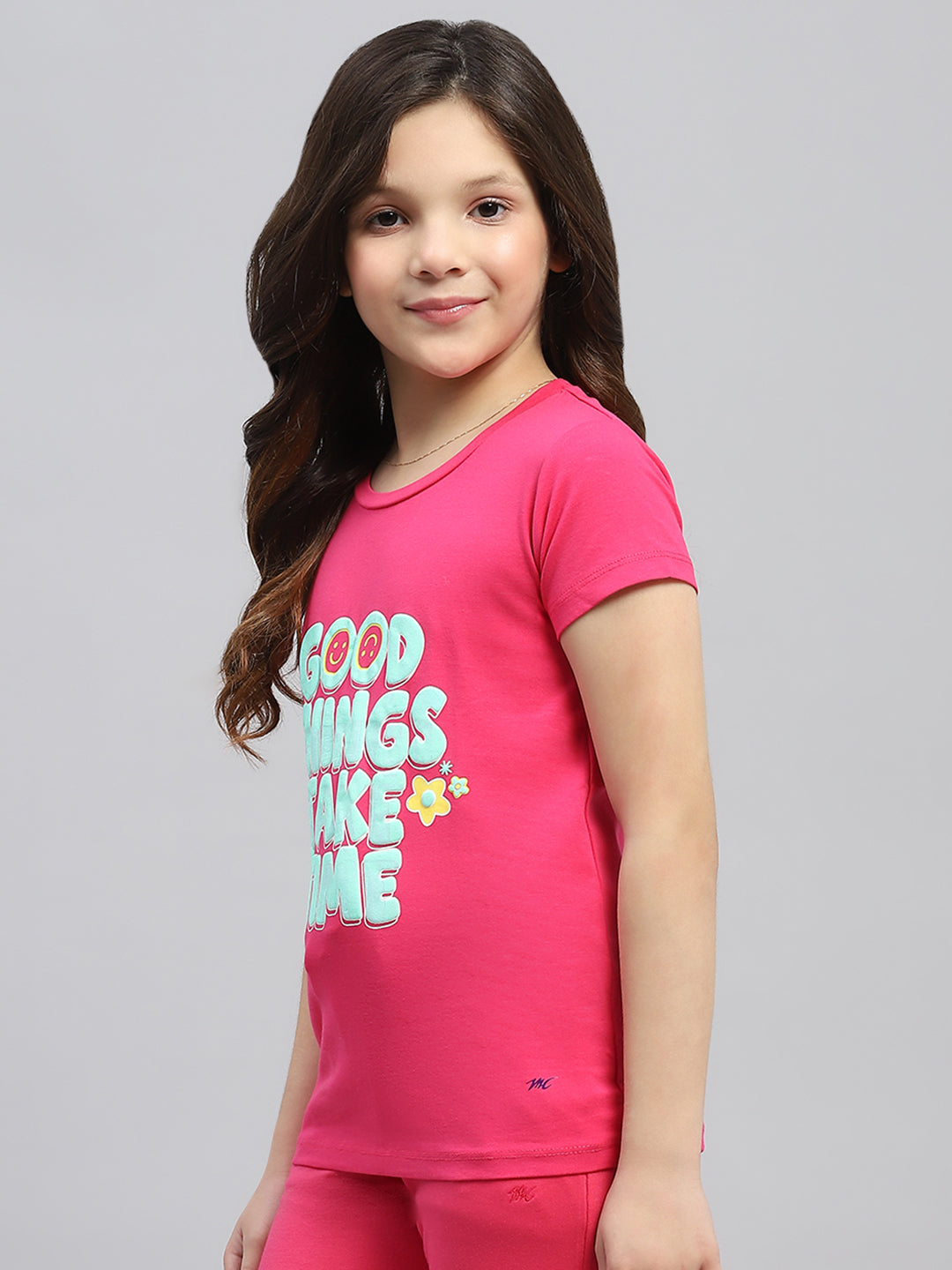 Girls Navy Blue & Pink Printed Round Neck Half Sleeve Top 2Pc Set