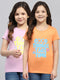 Girls Orange & Pink Printed Round Neck Half Sleeve Top 2Pc Set