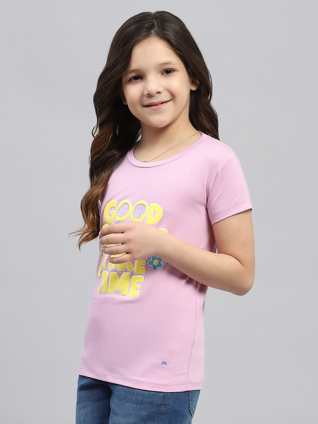 Girls Orange & Pink Printed Round Neck Half Sleeve Top 2Pc Set