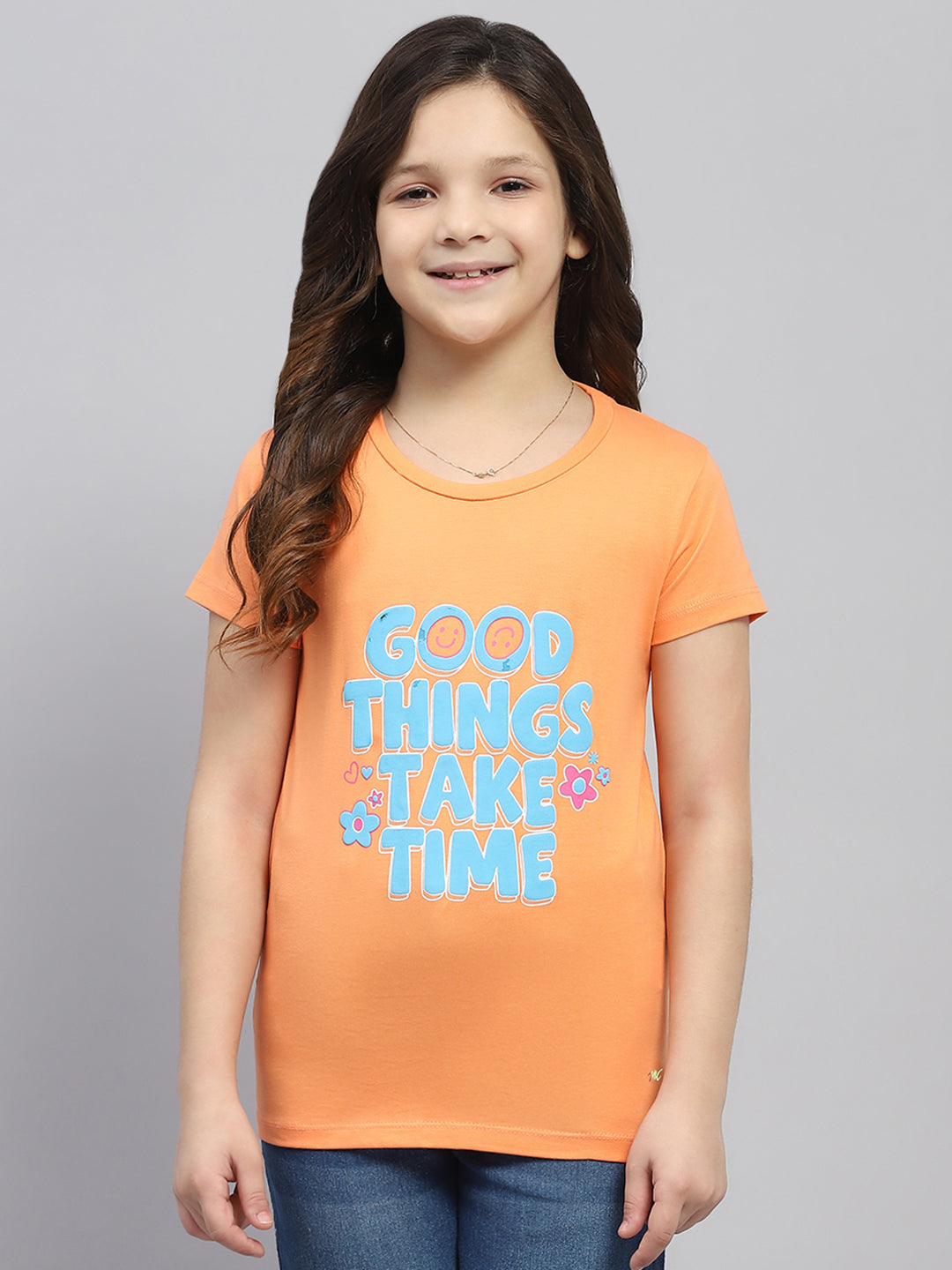 Girls Orange & Pink Printed Round Neck Half Sleeve Top 2Pc Set