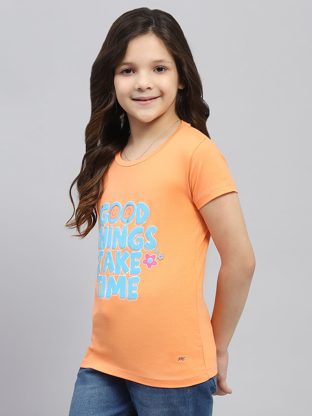 Girls Orange & Pink Printed Round Neck Half Sleeve Top 2Pc Set