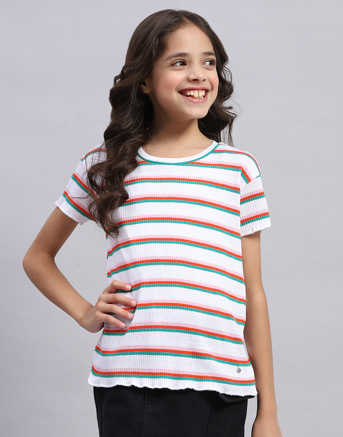 Girls Off White Stripe Round Neck Half Sleeve Top