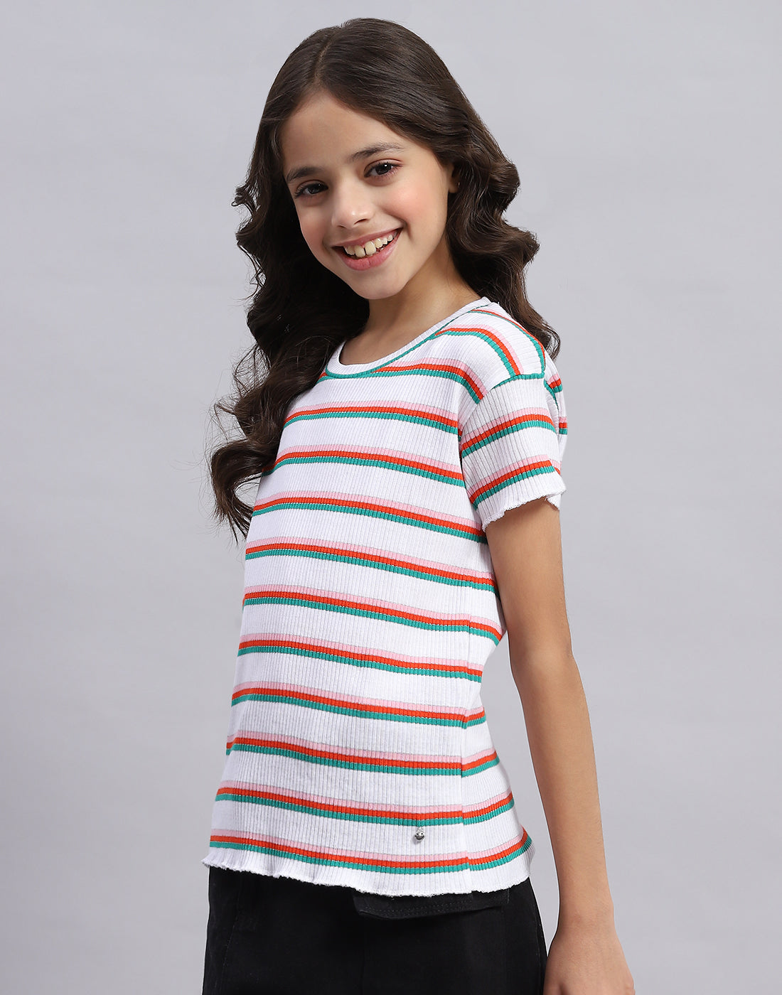 Girls Off White Stripe Round Neck Half Sleeve Top