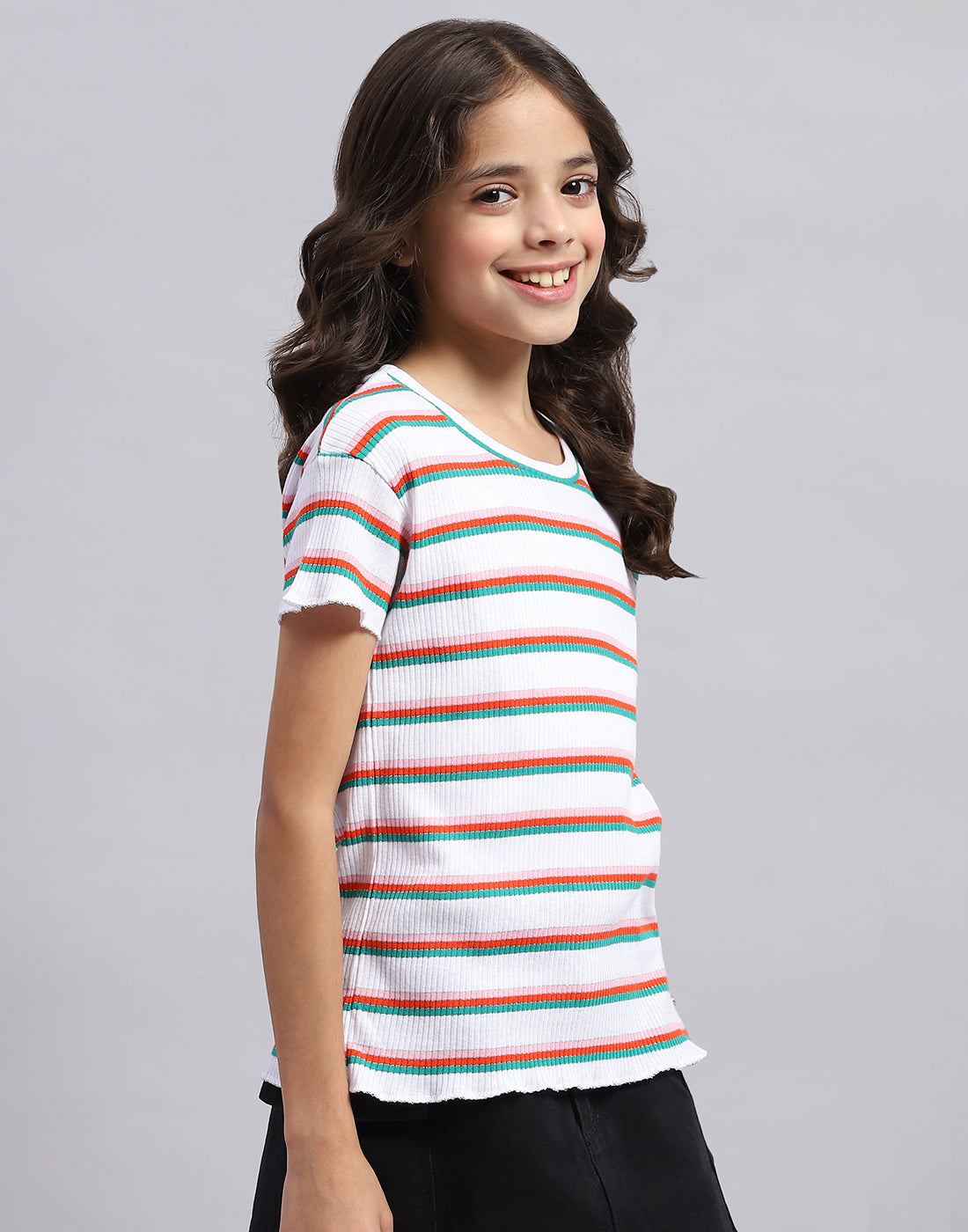 Girls Off White Stripe Round Neck Half Sleeve Top