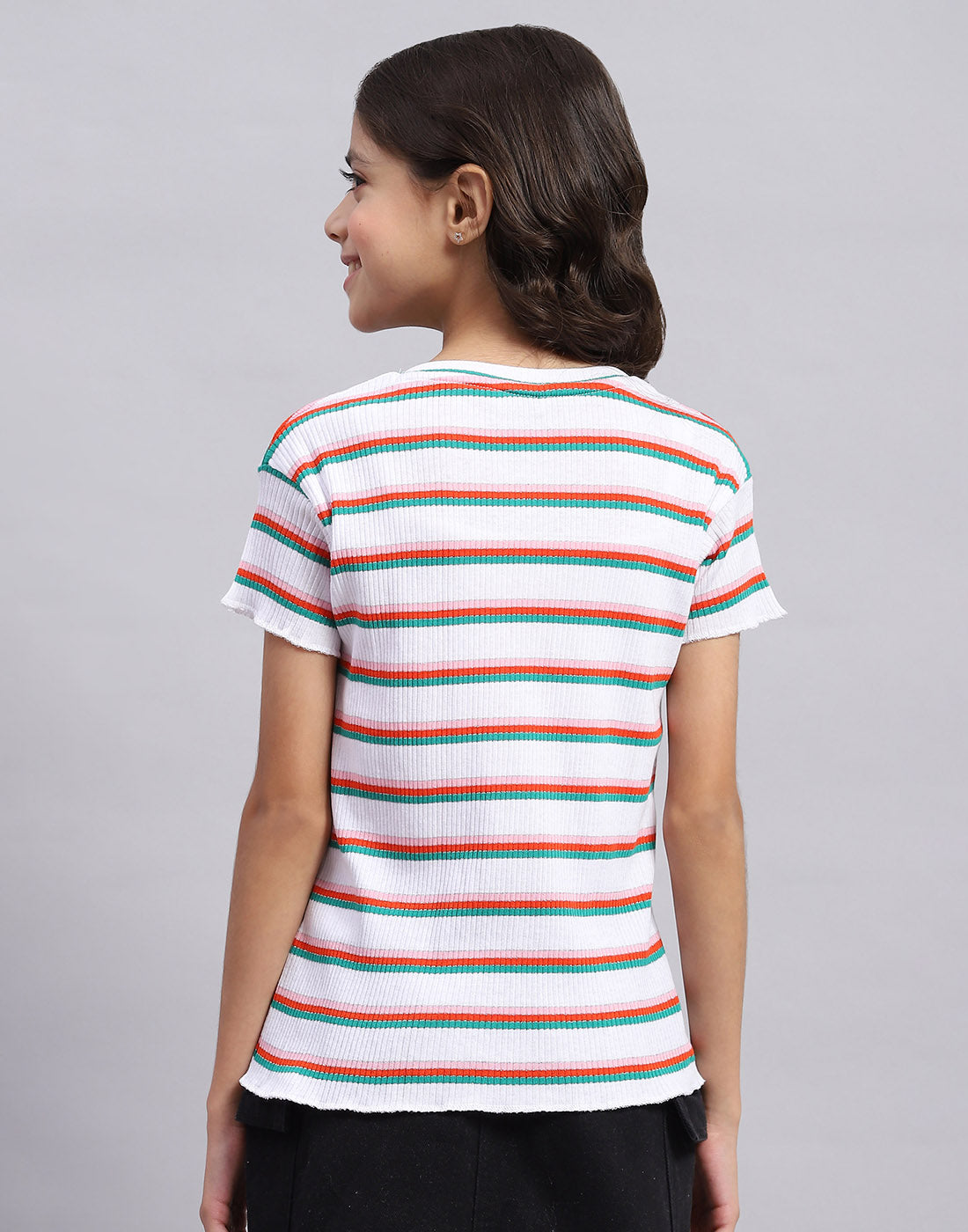 Girls Off White Stripe Round Neck Half Sleeve Top