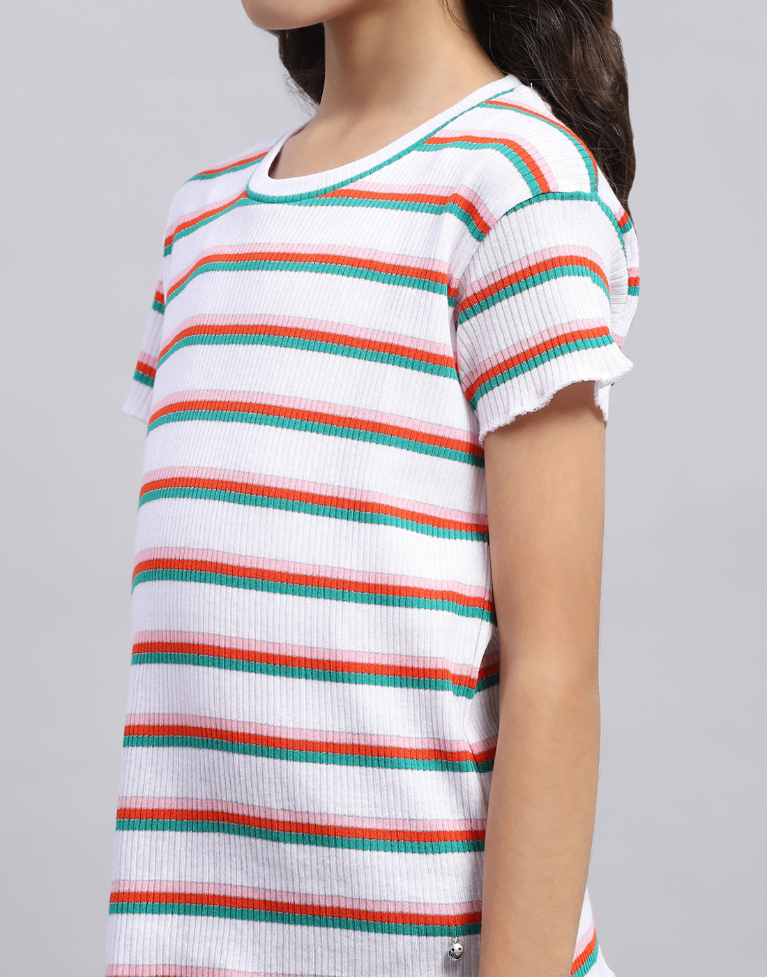 Girls Off White Stripe Round Neck Half Sleeve Top