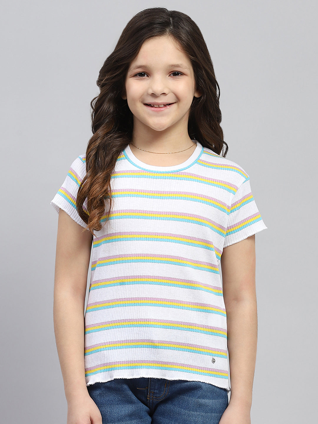 Girls White Stripe Round Neck Half Sleeve Top