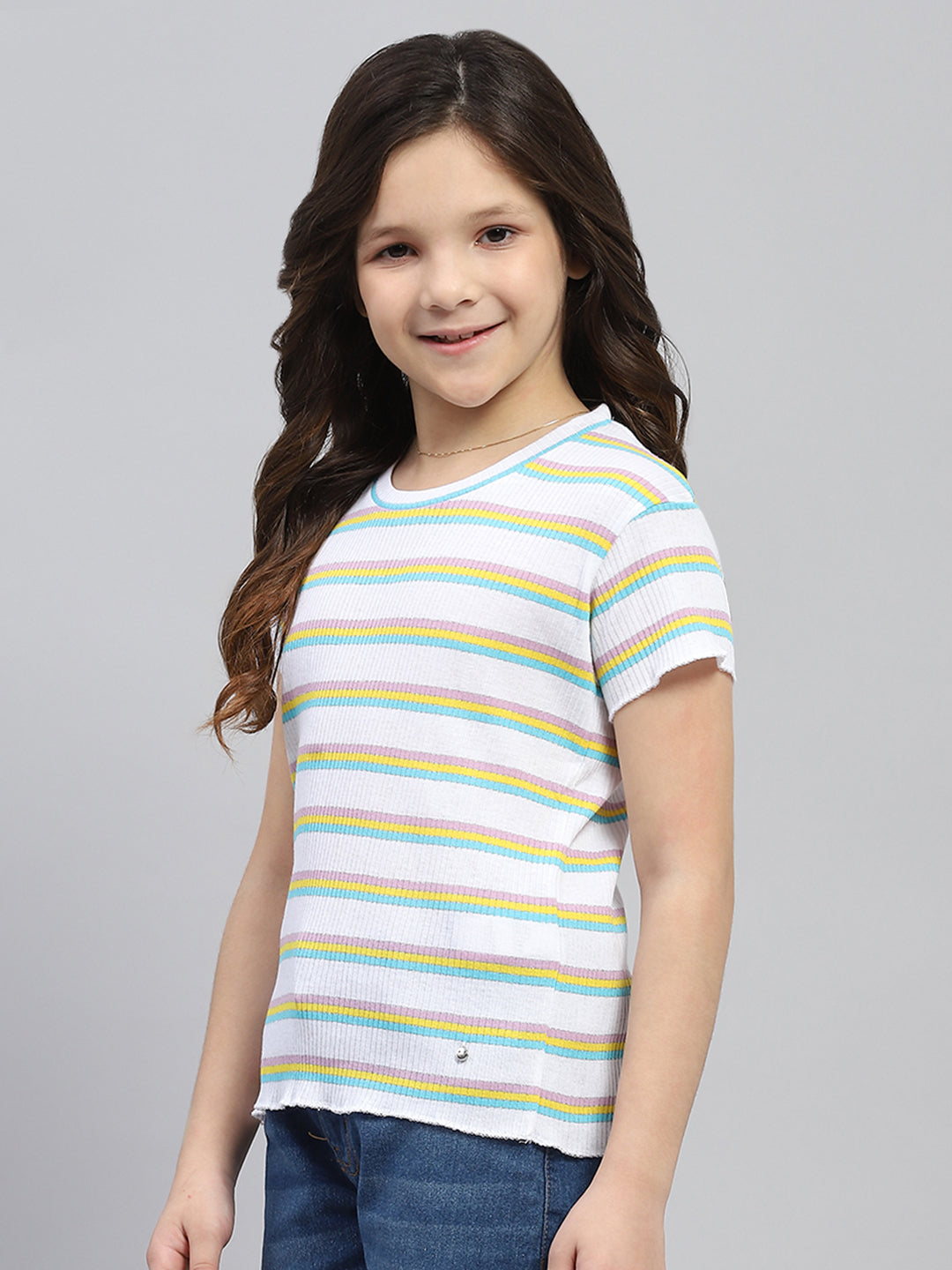 Girls White Stripe Round Neck Half Sleeve Top