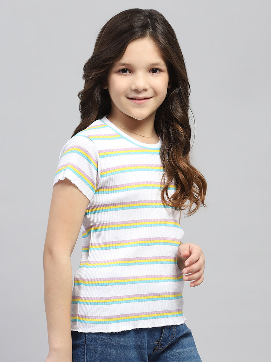 Girls White Stripe Round Neck Half Sleeve Top