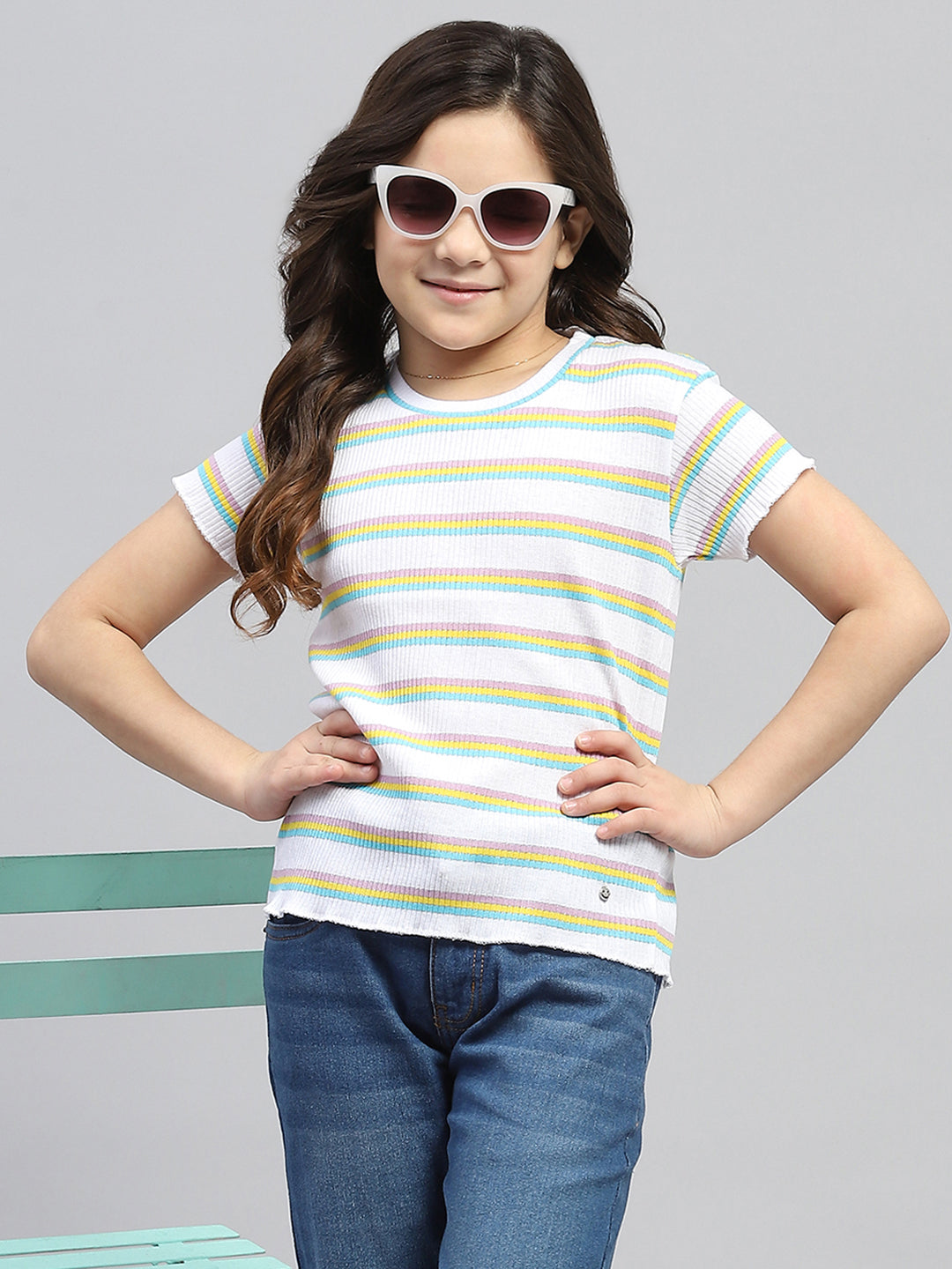 Girls White Stripe Round Neck Half Sleeve Top