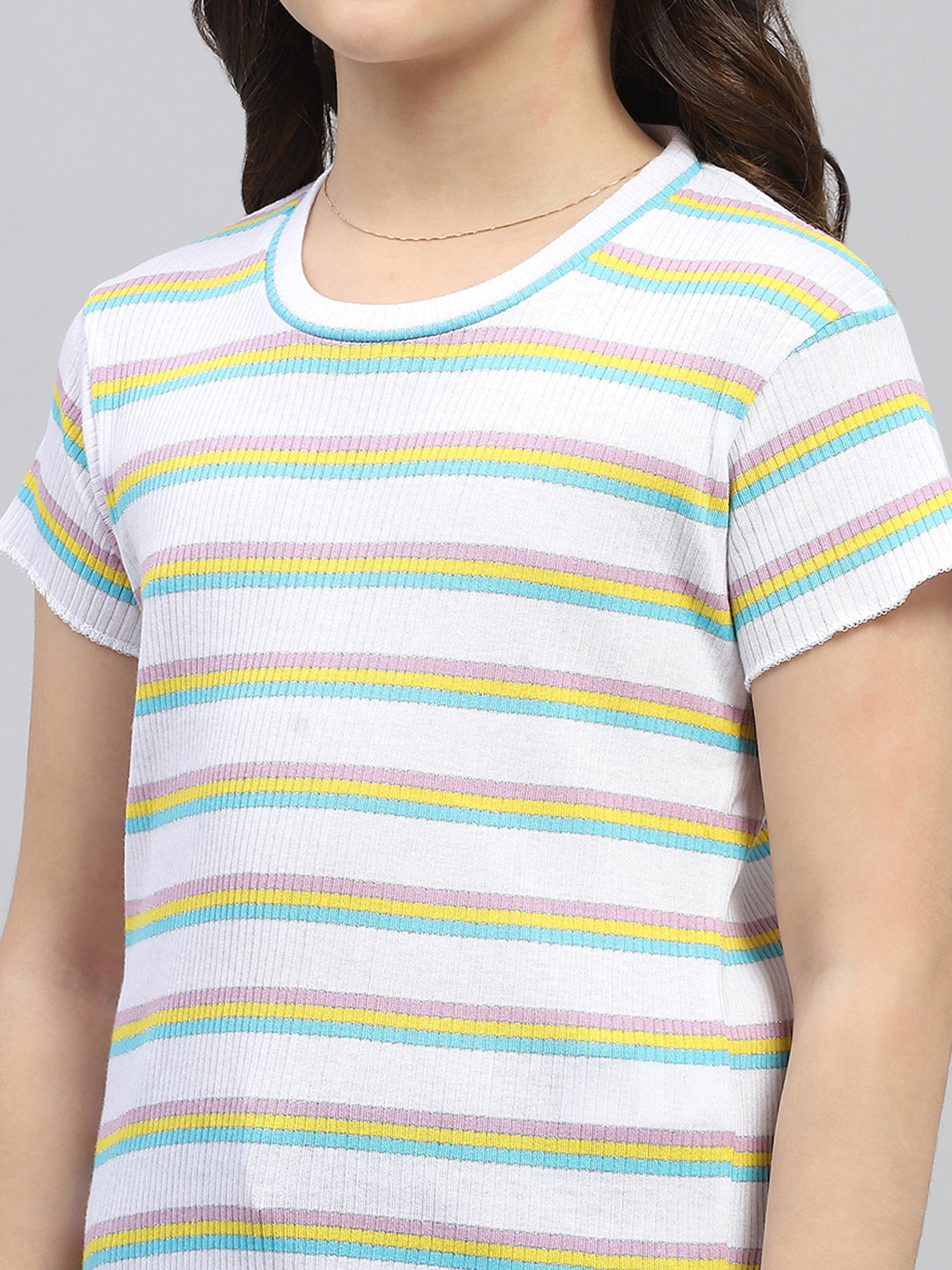 Girls White Stripe Round Neck Half Sleeve Top