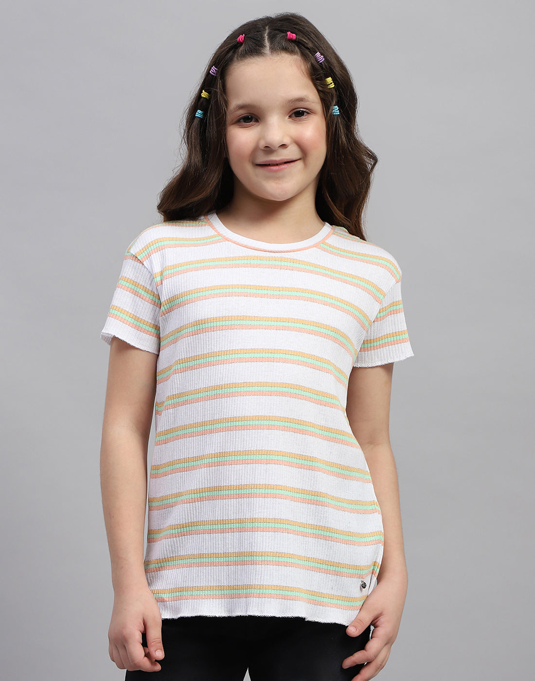 Girls Orange Stripe Round Neck Half Sleeve Top