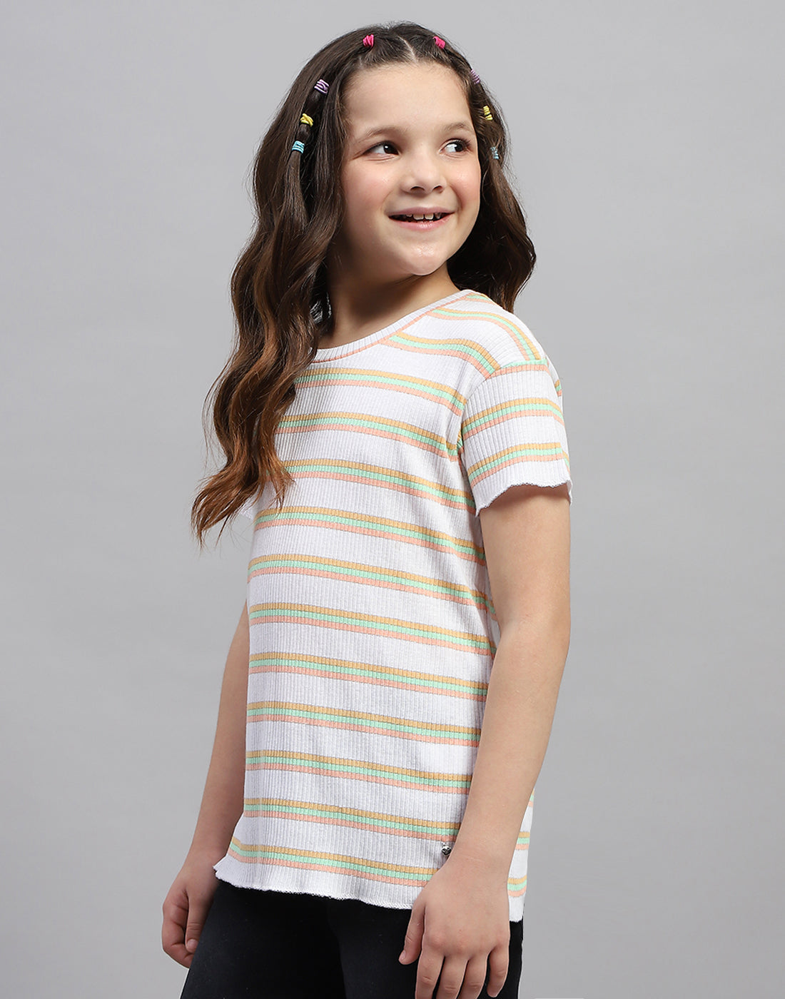 Girls Orange Stripe Round Neck Half Sleeve Top